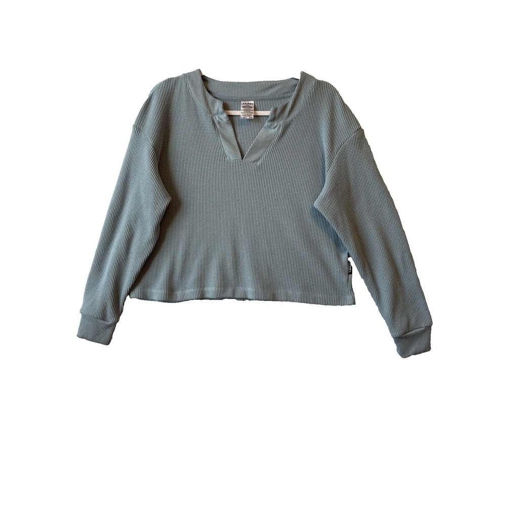 Jockey Dusty Blue Cropped Waffle Knit V Neck Long‎ Sleeve Loungewear Top L Cozy